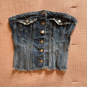 Zara Denim Corset Bustier Top – Button-Up, Raw Hem, Size S